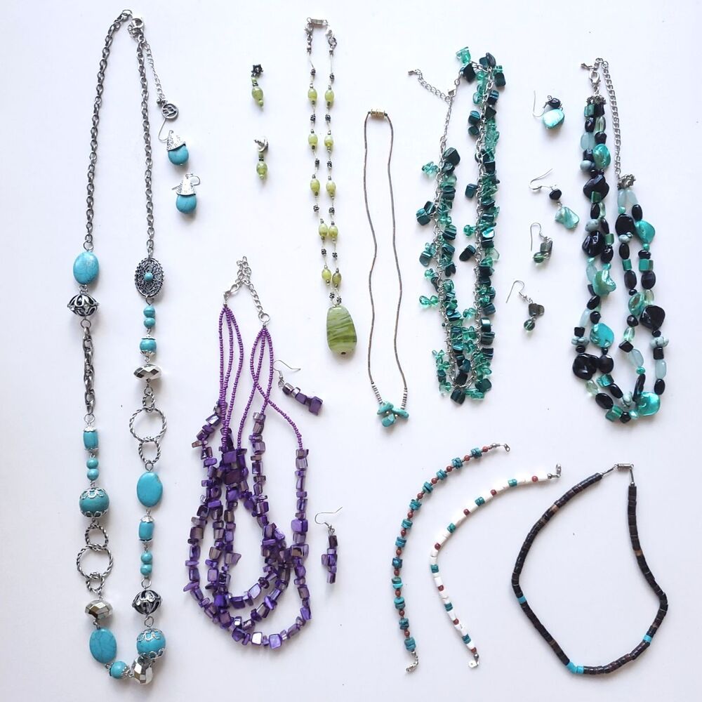 Costume Jewelry 14 Pc Lot Purple Green Blue Necklace Bracelet Earrings Beach